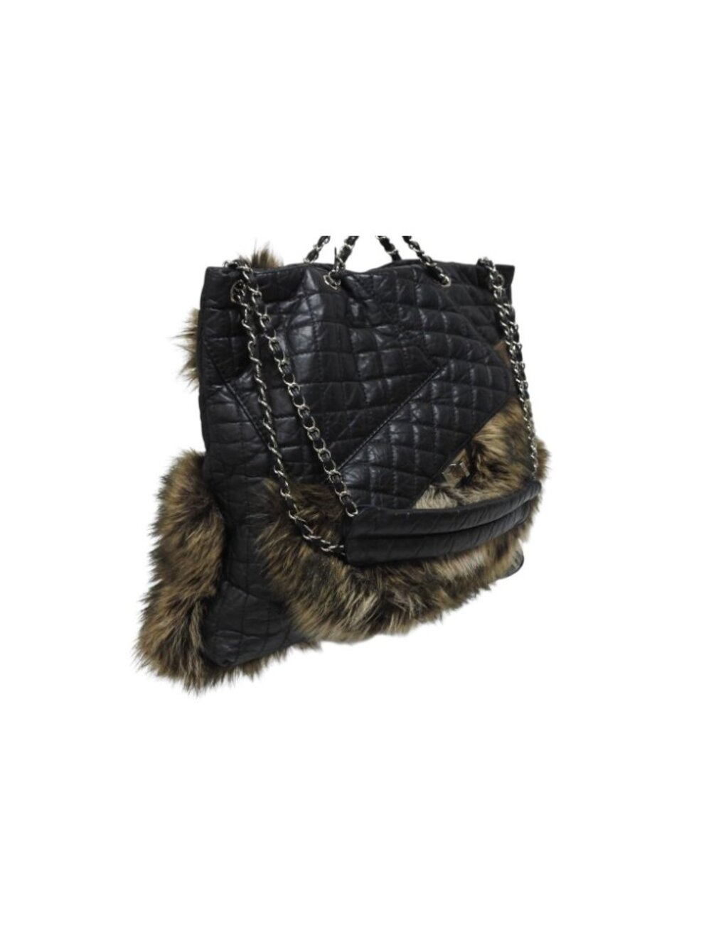 Chanel 2-Way Bag 2.55 CC Logo Calfskin Faux Fur Black Silver - Picture 3 of 9